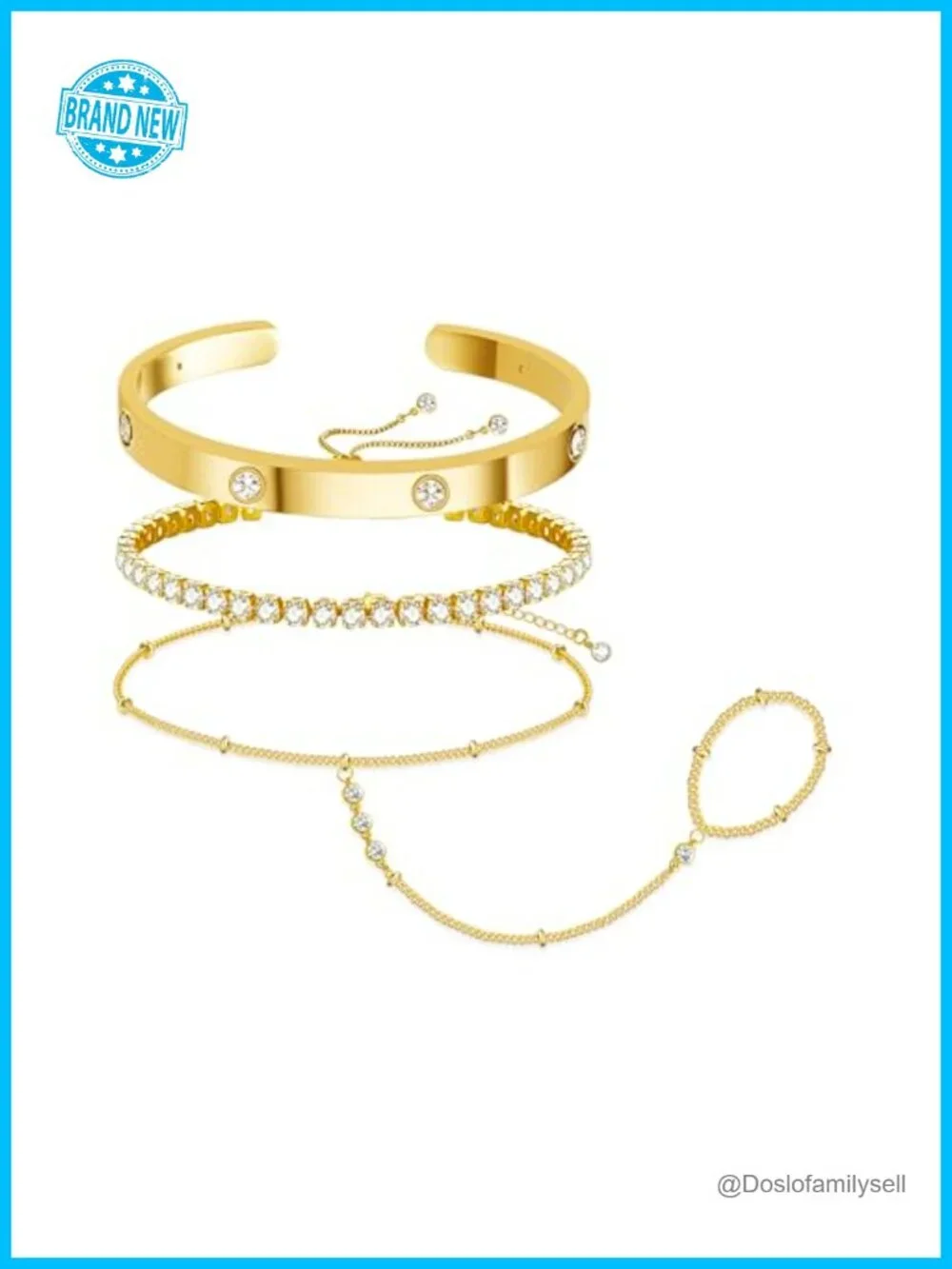 14K Gold Plated Dainty Stackable Hand Chain Bracelet Set with Cubic Zirconia
